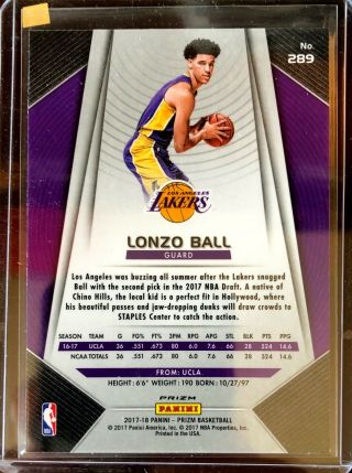2017 - 18 Panini Prizm Prizms Fast Break 289 Lonzo Ball RC Rookie LA Lakers 2 2