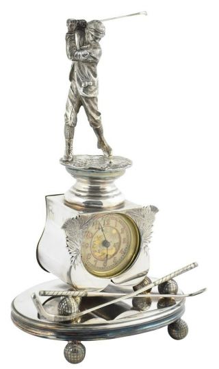 1880s British United Clock Company Golf Trophy W/ Silver Plated Base