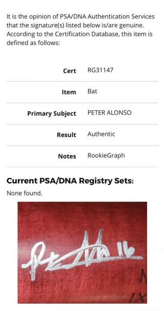 PETE ALONSO SIGNED PSA/DNA ROOKIE - GRAPH OLD FULL SIGNATURE LS M9 GAME MODEL BAT 3