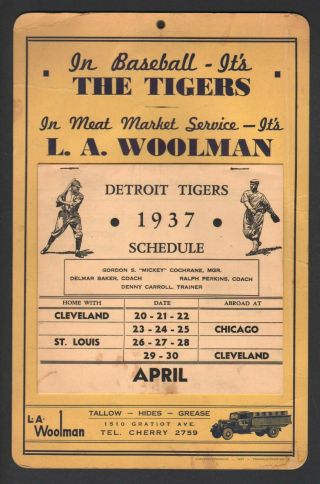 1937 Detroit Tigers Rare Cardboard Baseball Calendar Schedule