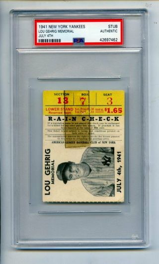 1941 York Yankees Lou Gehrig Memorial July 4th Ticket Stub Psa Auto (evans)