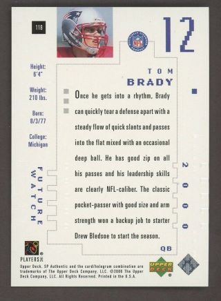 2000 SP Authentic 118 Tom Brady England Patriots RC Rookie 1095/1250 2