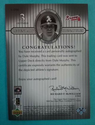 2000 Upper Deck Legendary Signatures Dale Murphy card S - DM.  Braves.  Auto. 2