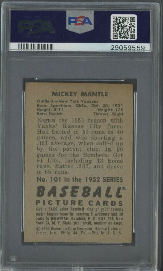 1952 Bowman 101 Mickey Mantle York Yankees HOF PSA 4 VG - EX 2