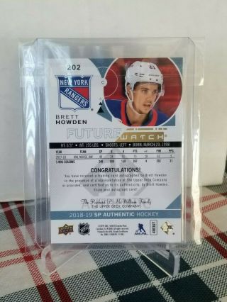 2018/19 UPPER DECK SP AUTHENTIC FW AUTOGRAPHED /999 NY RANGERS BRETT HOWDEN 202 2