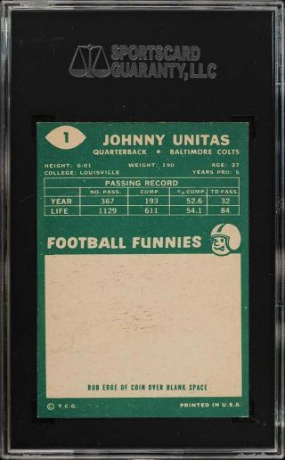 1960 Topps Football Johnny Unitas 1 SGC 6 EXMT (PWCC) 2