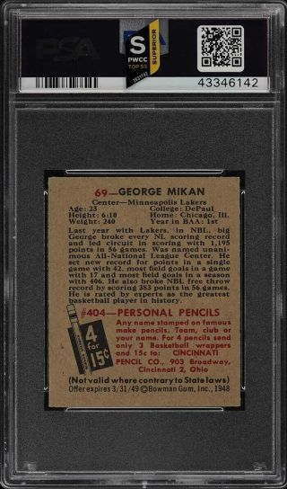 1948 Bowman Basketball George Mikan ROOKIE RC 69 PSA 5 EX (PWCC - S) 2