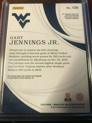 2019 COLLEGIATE IMMACULATE RC PATCH AUTO RPA GARY JENNINGS JR /99 SEAHAWKS 2