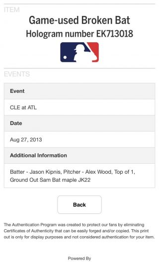Jason Kipnis Game Bat,  Cleveland Indians,  MLB Auth 7