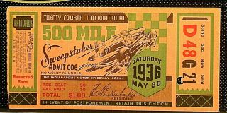 1936 Indianapolis Indy 500 Race Ticket Stub 24th Annual 500 Mile Louis Meyer