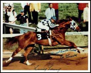 SECRETARIAT - LUCIEN LAURIN,  PENNY TWEEDY & TURCOTTE SIGNED PREAKNESS 8X10 PHOTO 11