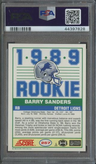 1989 Score 257 Barry Sanders Detroit Lions RC Rookie HOF PSA 9 2