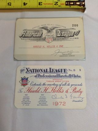 1972 American & National League Mlb Baseball Pass Ticket Pair All Stadium Access