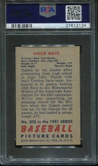 1951 Bowman 305 Willie Mays Rookie psa 5 Ex HOF High Number 2