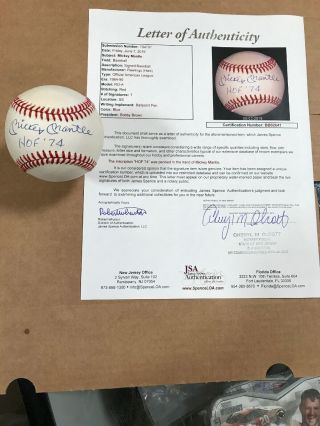 Mickey Mantle Signed Baseball HOF ‘74 Inscription JSA Authentication 9