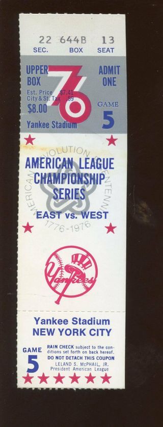 1976 Alcs Game 5 Ticket Stub York Yankees Chris Chambliss Home Run