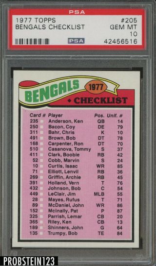 1977 Topps Football 205 Cincinnati Bengals Checklist Psa 10 " Tough "