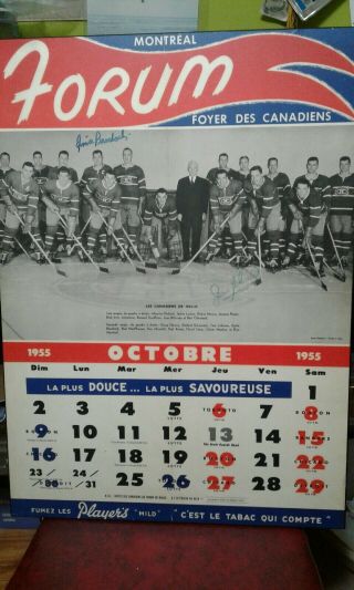 Nhl Montreal Canadiens Calendar - Oct.  1955 - Autographed - Beliveau & Bouchard