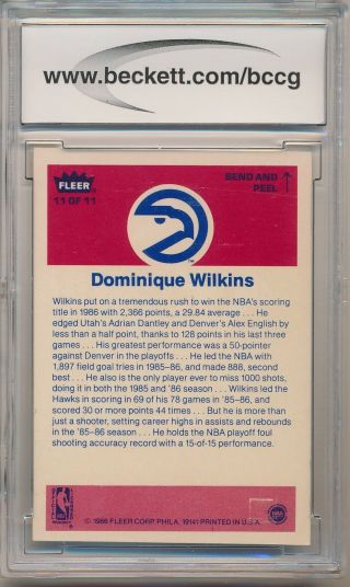 1986 - 87 FLEER STICKERS 11 DOMINIQUE WILKINS ROOKIE BCCG 9 NM,  (SVSC) - CENTERED 2