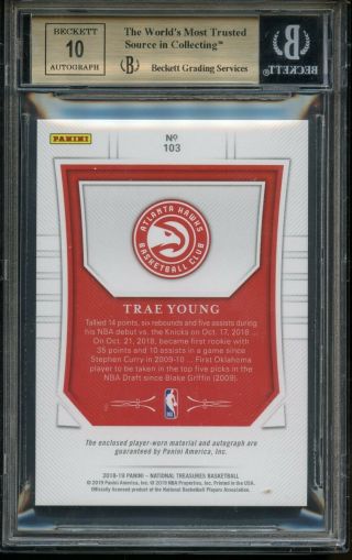 2018 - 19 National Treasures Trae Young RC RPA 4 - Color Patch /99 BGS 9.  5 w 10 AUTO 2
