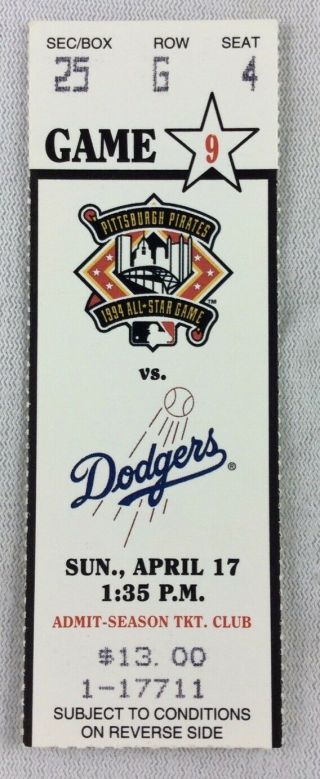 Mlb 1994 04/17 La Dodgers At Pittsburgh Pirates Ticket - Cory Snyder 3 - Hrs