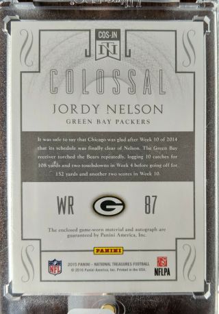 Jordy Nelson - 2015 National Treasures Colossal Patch On - Card Auto /15 - Packers 4