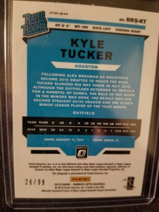 2019 Donruss Optic KYLE TUCKER RATED ROOKIE GOLD PRIZM AUTO 26/99 ASTROS 2