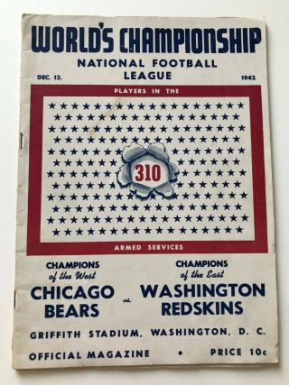 Orig.  1942 Nfl Championship Program Bears Vs.  Redskins Signed By Sammy Baugh