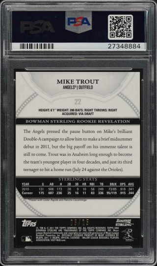 2011 Bowman Sterling Black Refractor Mike Trout ROOKIE RC /25 22 PSA 10 (PWCC) 2