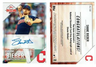 Shane Bieber Signed 2019 Topps National Trading Card Day Baseball Card Auto /500