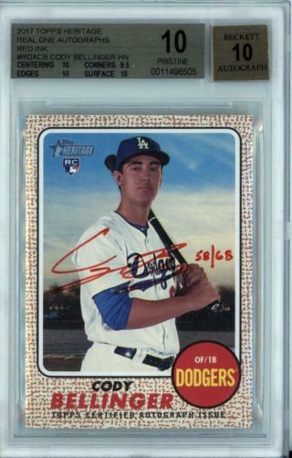 2017 Topps Heritage Real One Red Cody Bellinger /68 Rc Pristine 10 10 Auto