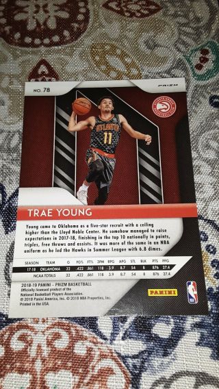 2018 - 19 Panini Prizm Silver 78 Trae Young Hawks RC Rookie 3