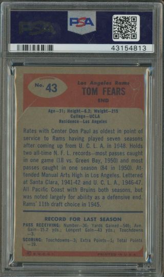 1955 Bowman Football 43 Tom Fears Los Angeles Rams PSA 8 NM - MT 2