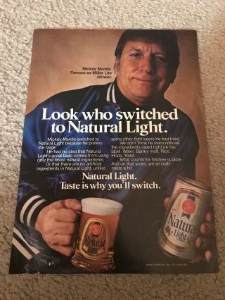 Vintage 1980 Mickey Mantle Natural Light Beer Poster Print Ad Yankees Rare
