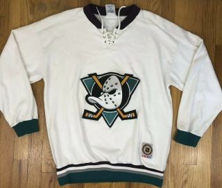 Vtg Ccm Anaheim Ducks Sweatshirt Pullover Jersey White Green Nhl Hockey Large