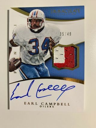 2015 Immaculate Earl Campbell 3 - Color Jersey Auto /49 Houston Oilers