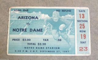 Notre Dame Arizona College Football Ticket - 1941 - Frank Leahy 1st Game Ever