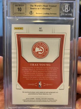Trae Young 2018 - 19 National Treasures Emerald /5 Rookie Patch Auto RC BGS 9.  5/10 3