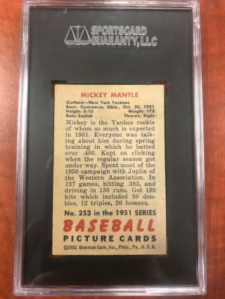 1951 Bowman Mickey Mantle 253 SGC 80/6 Rookie Card 2