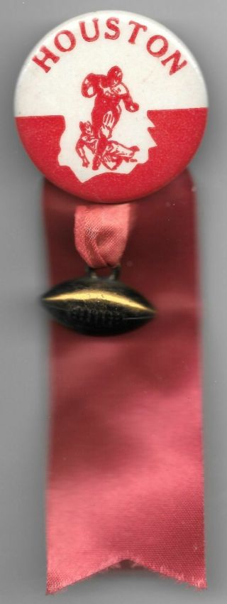 Vintage University Houston Cougars Pin Button W/ Ribbons & Football Charm Dangle