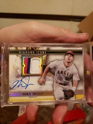 2019 Diamond Icons Mike Trout 1/1 On Card Gold Parallel Patch Auto 3 Color Sick
