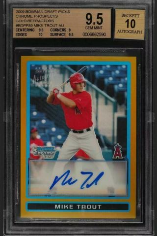 2009 Bowman Draft Picks Chrome Prospects Gold Refractor No.  Bdpp Mike Trout Auto.