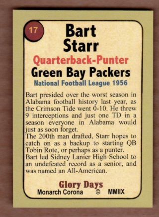 Bart Starr ' 56 Green Bay Packers rookie season Monarch Corona Glory Days 17 2