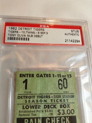 1962 Detroit Tigers Minnesota Twins PSA Ticket Stub Tony Oliva MLB Debut Sept 9 2