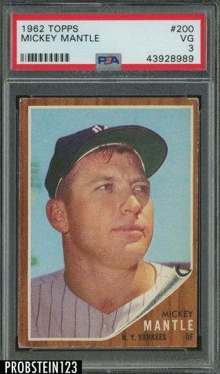 1962 Topps 200 Mickey Mantle York Yankees Hof Psa 3 Vg