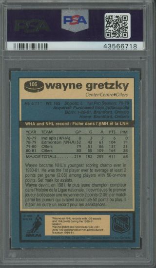 1981 O - Pee - Chee OPC 106 Wayne Gretzky Oilers HOF PSA 10 