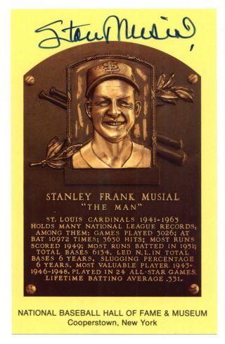 Stan Musial Cardinals Signed Hall Of Fame Yellow Plaque Postcard - Jsa