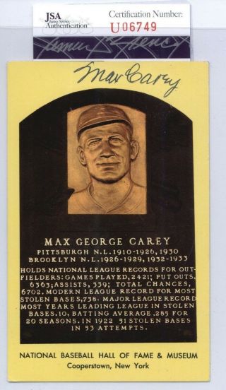Max Carey (d.  1976) Pirates Signed Hall Of Fame Yellow Plaque Postcard - Jsa