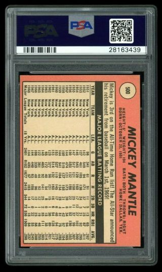 1969 TOPPS MICKEY MANTLE 500 PSA 8 NM -,  CENTERED HIGH END EXAMPLE 2