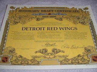 1975 - 76 Detroit Red Wings " Honorary Draft Certificate "